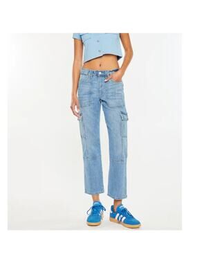 KanCan Blue Light Denim Crop Aaliyah High Rise Slim Straight Cargo Jeans Sz 7/27